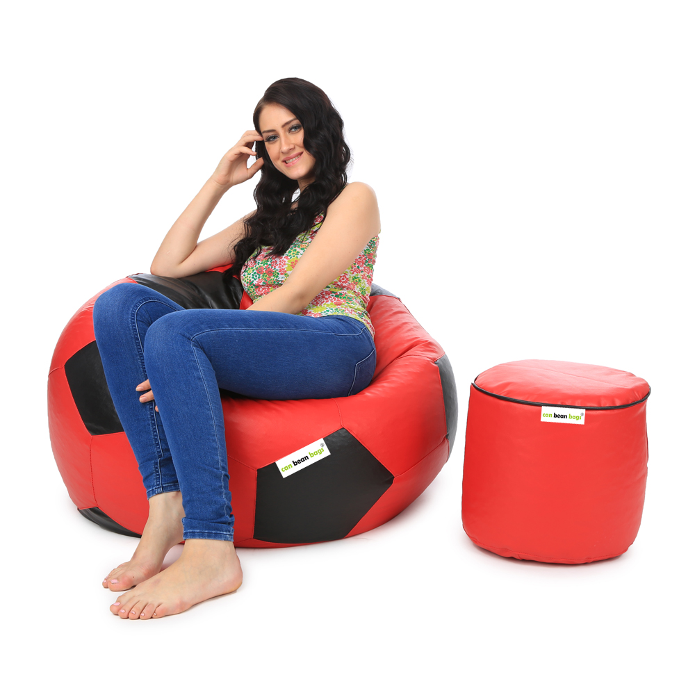 Orka Classic XXXL Foorball With Mathching Footstool Filled Bean Bag With Beans (Red, Black)
